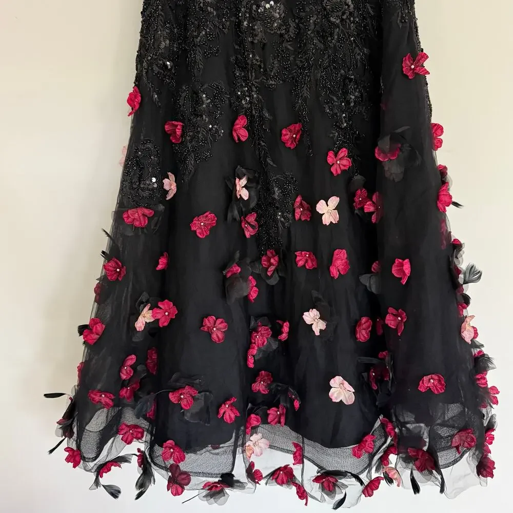 NEW Mag Duggal Sequin Floral Appliqué 3D FlowersBlack Midi Dress Size 10 - Picture 7 of 15